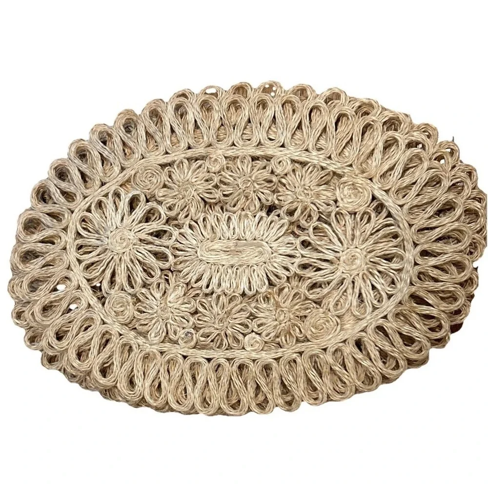 Set Of 7 Vintage Abaca Hemp Centerpiece Placemats Woven Floral Scrolled MCM Boho